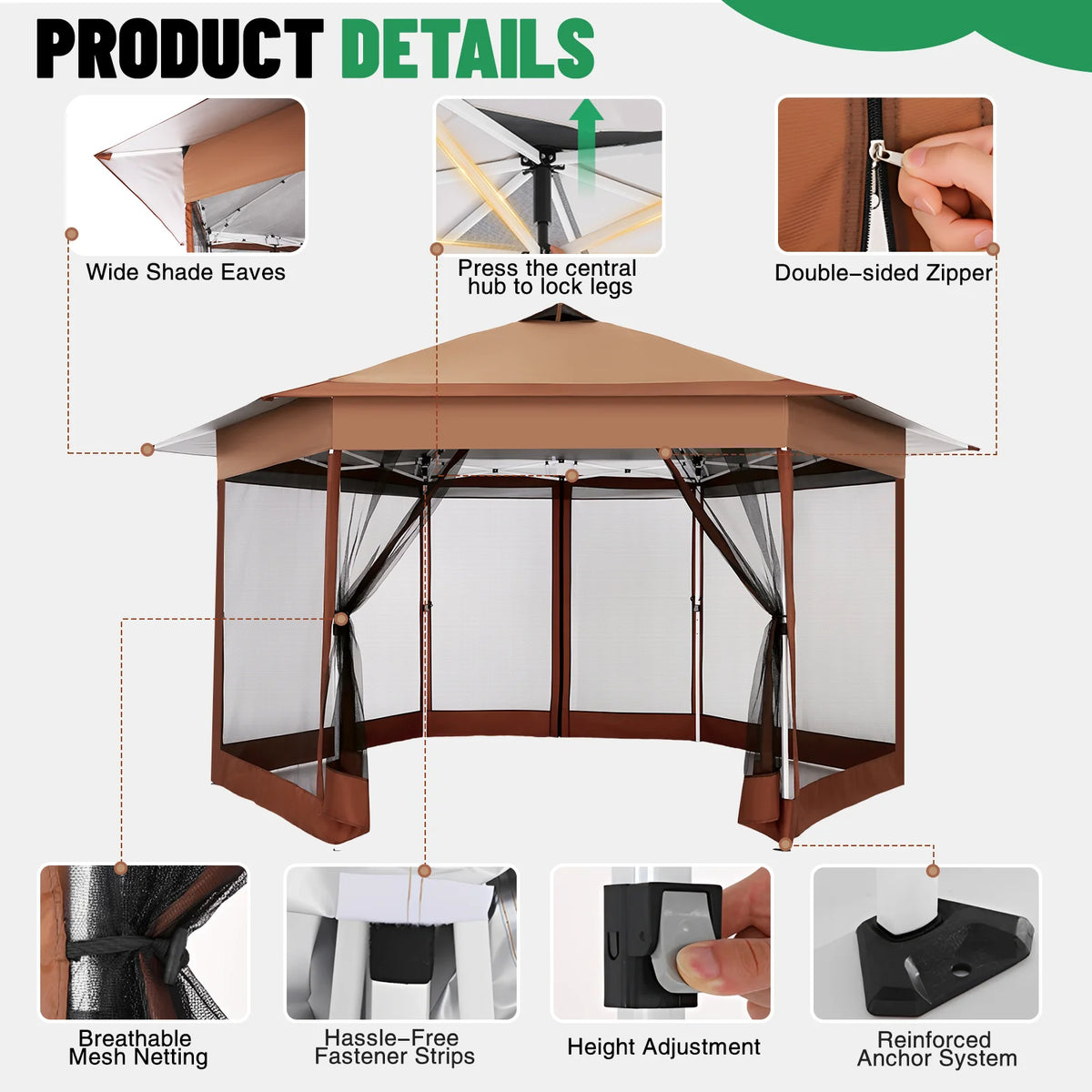 16x16FT Pop Up Gazebo Tent with Mosquito Netting, Gazebos on Clearance, Hexagonal Outdoor Canopy Shelter, Patented Center Lock 6-Sided Portable Gazebos, Pop Up Canopy Tent for Backyard