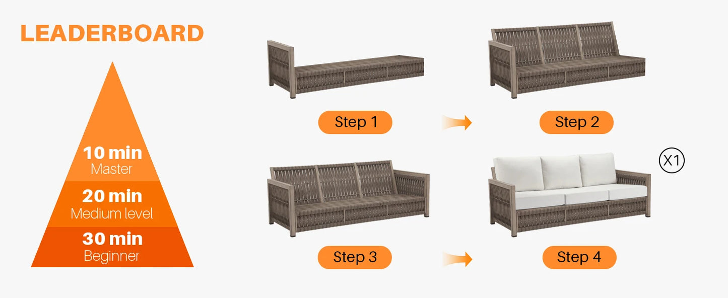 SeeHill 3-Seater Outdoor Sofa, Aluminum Patio Couch with Washable Cushions, Rope Weave Deep Seating Sofa for Garden, Gray Oak