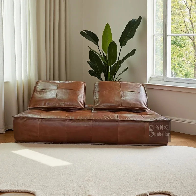 Sunbellar Factory Customized Top Gain Genuine Leather Modular Sofa 2 Seat Retro Vintage Leather Armless Sofa Pouf Living Room