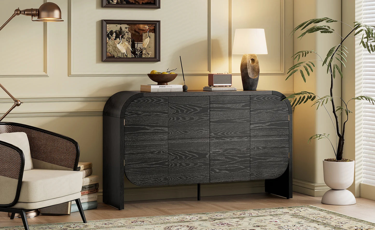 Modern Wood Sideboard Cabinet Curvy Edge 4 Doors Storage Adjustable Shelves Portable Living Room