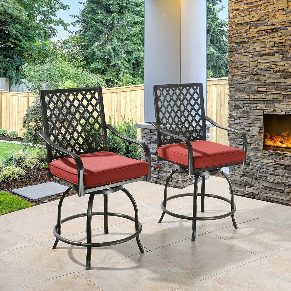 Patio Bar Stools Set of 2 Outdoor Swivel Bar Height Barstool with Cushion Red
