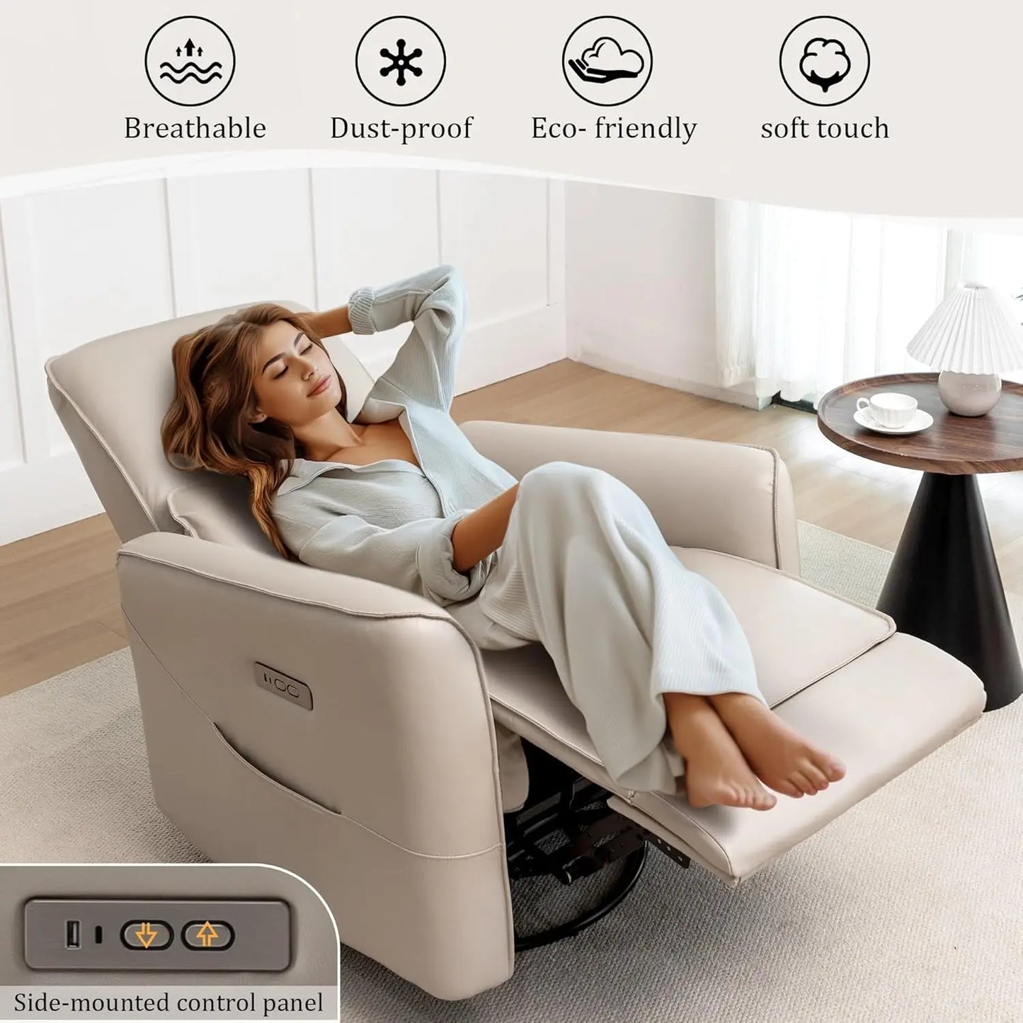 Glider Recliner Chair, Power Rocker Swivel Recliner with USB and Type-C Ports, Electric Reclining for Adults with Streamlined