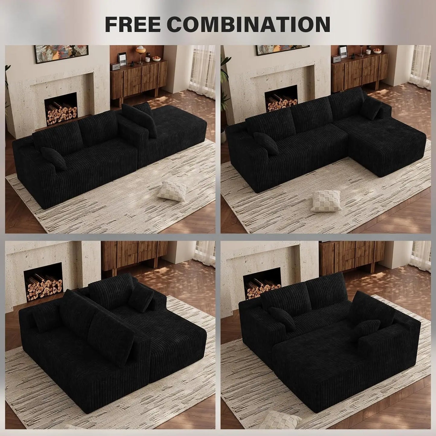 Cloud Couch Sectional Modular Sofa, 103 Comfy Black L Shaped Boneless Couches for Living Room, Deep Seat Plush Corduroy Couch Se
