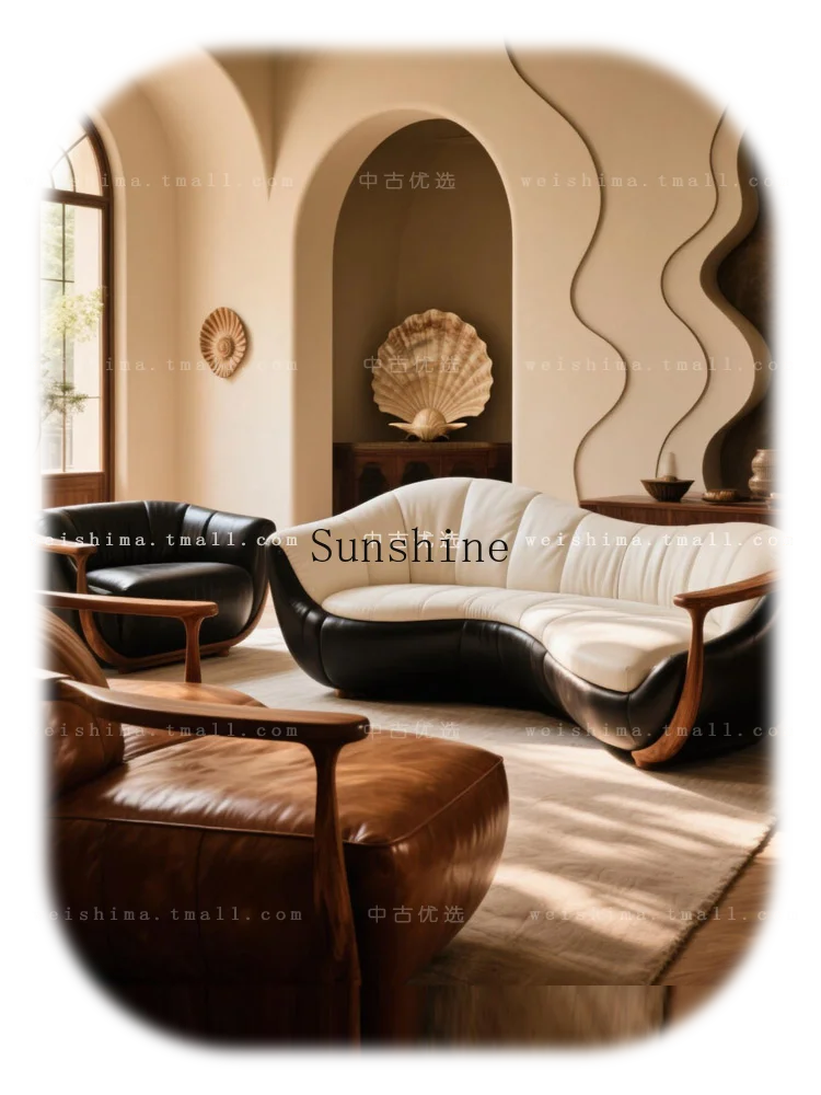Medieval black and white leather solid wood curved sofa can be customized