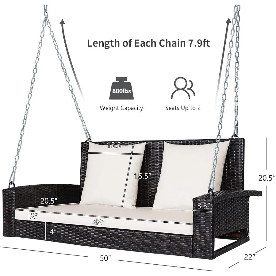 2-Seat Outdoor Porch Swing with Rattan Wicker Design and Solid Steel Chains Includes Comfortable Back and Seat Cushions in Beig