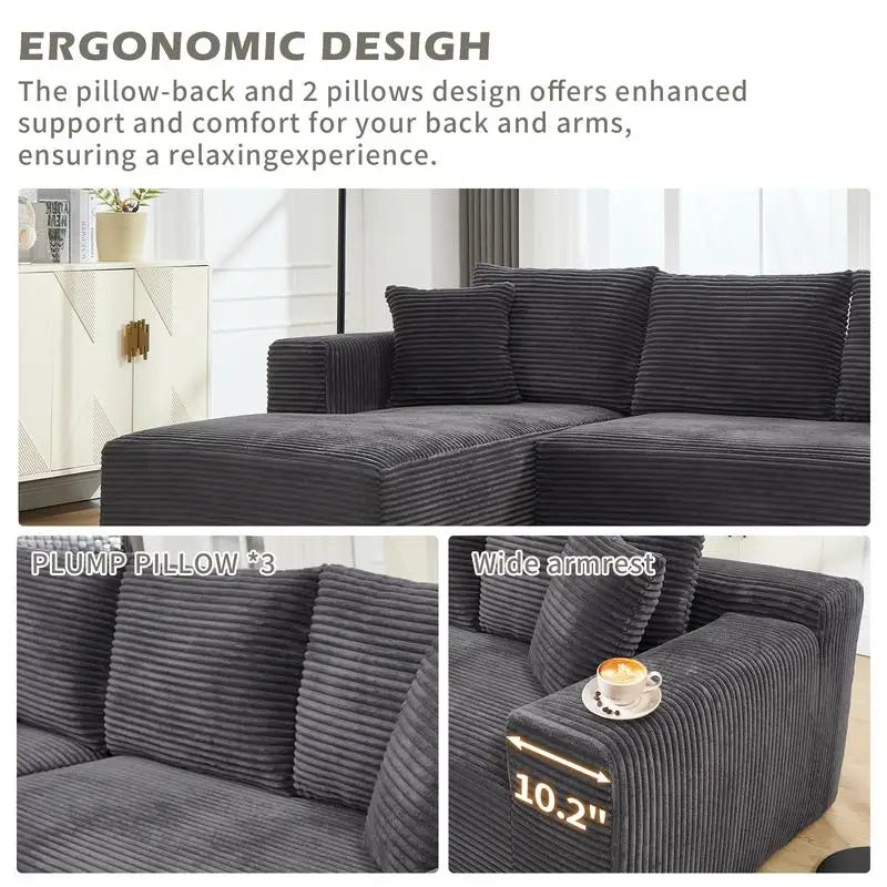 L-Shaped Modular Sectional Sofa Couch, 3-Seat Memory Foam Couch for Living Room, Oversized Chaise in Gray with Stripe (Left