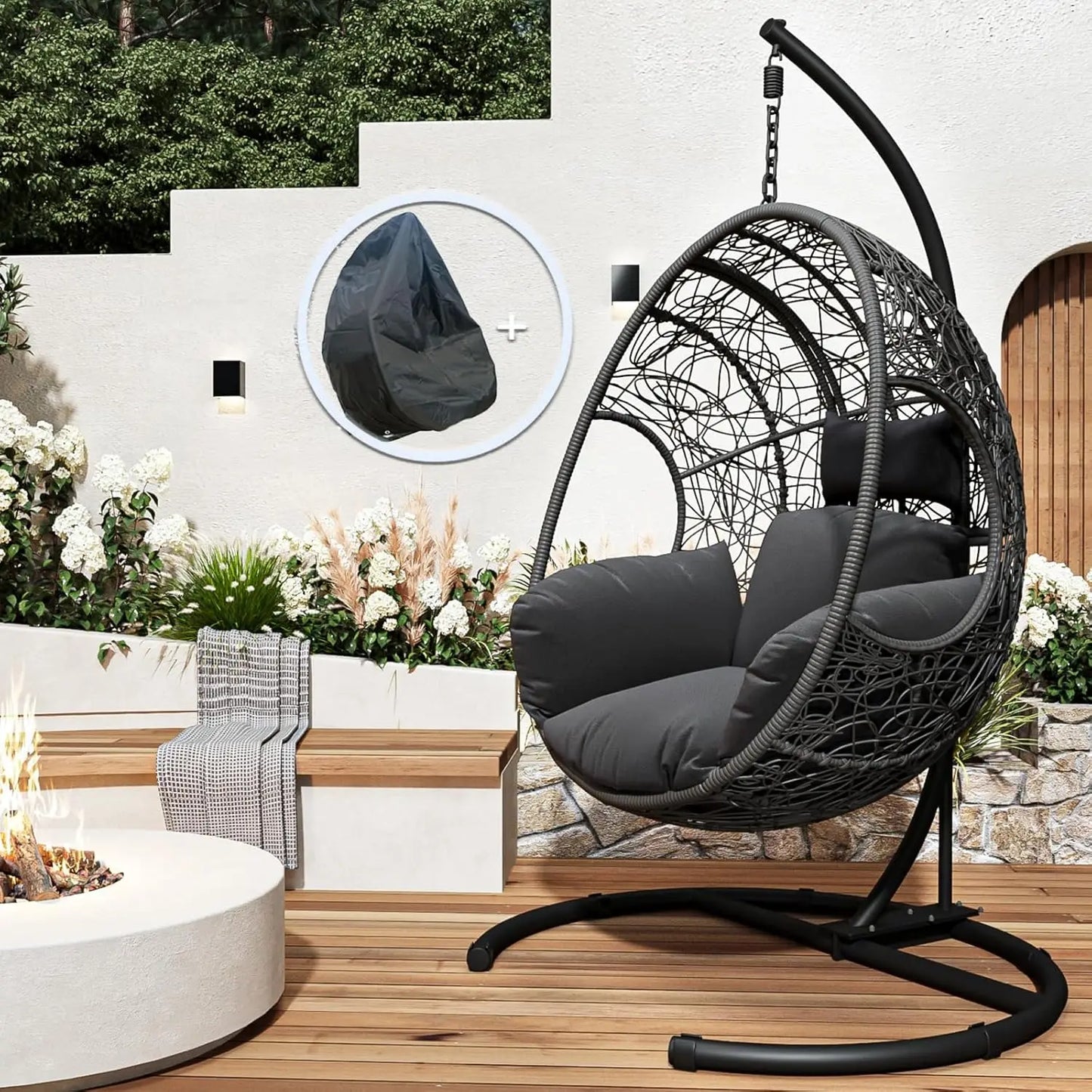 Hanging Egg Chair with Stand, Oversized Patio Swing Chair with Stand and Cushion, Hammock Wicker Rattan Lounge Chair