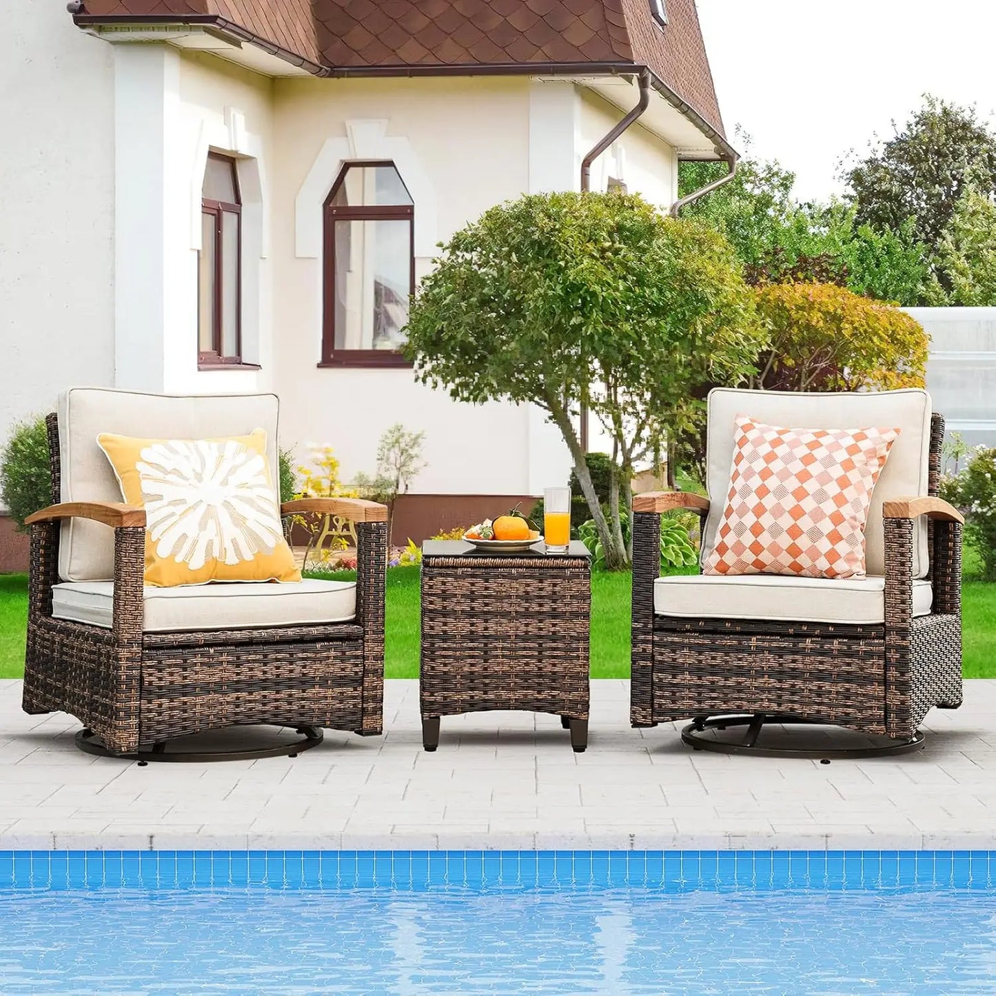 PatioLix 9 Piece Outdoor Patio Furniture Set, Half-Moon Curved Sectional Set with Wood Armrests, Patio Conversation Set, Tempered Glass
