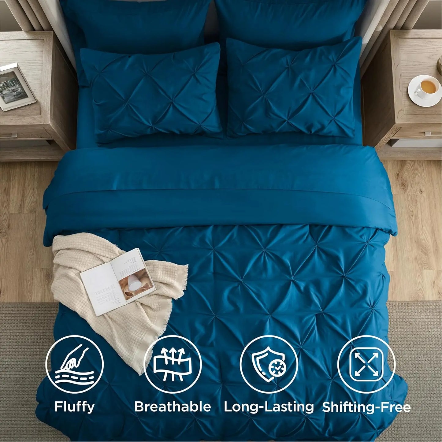 Queen Comforter Set Teal Bed in a Bag Queen Size 7 Pieces GentleSoft™ Pintuck Bed Set Gift for Family Pinch Pleat Teal Comforter