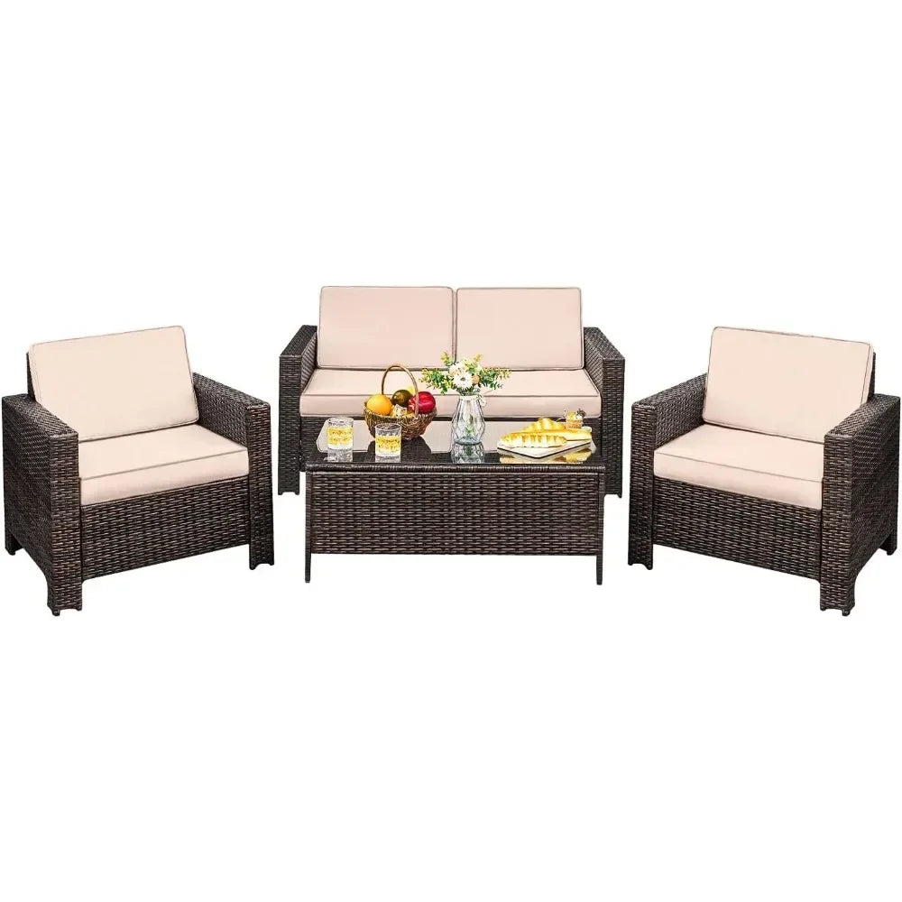 # l 4-piece courtyard furniture set, rattan chair and willow dialogue sofa set, suitable for outdoor, indoor, garden and balcony