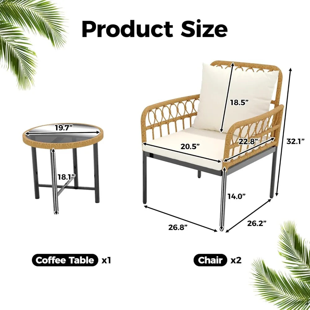 3 pieces outdoor patio furniture set with table, all weather rattan chair parlor set, 2 cushioned wicker chairs and glass coffe