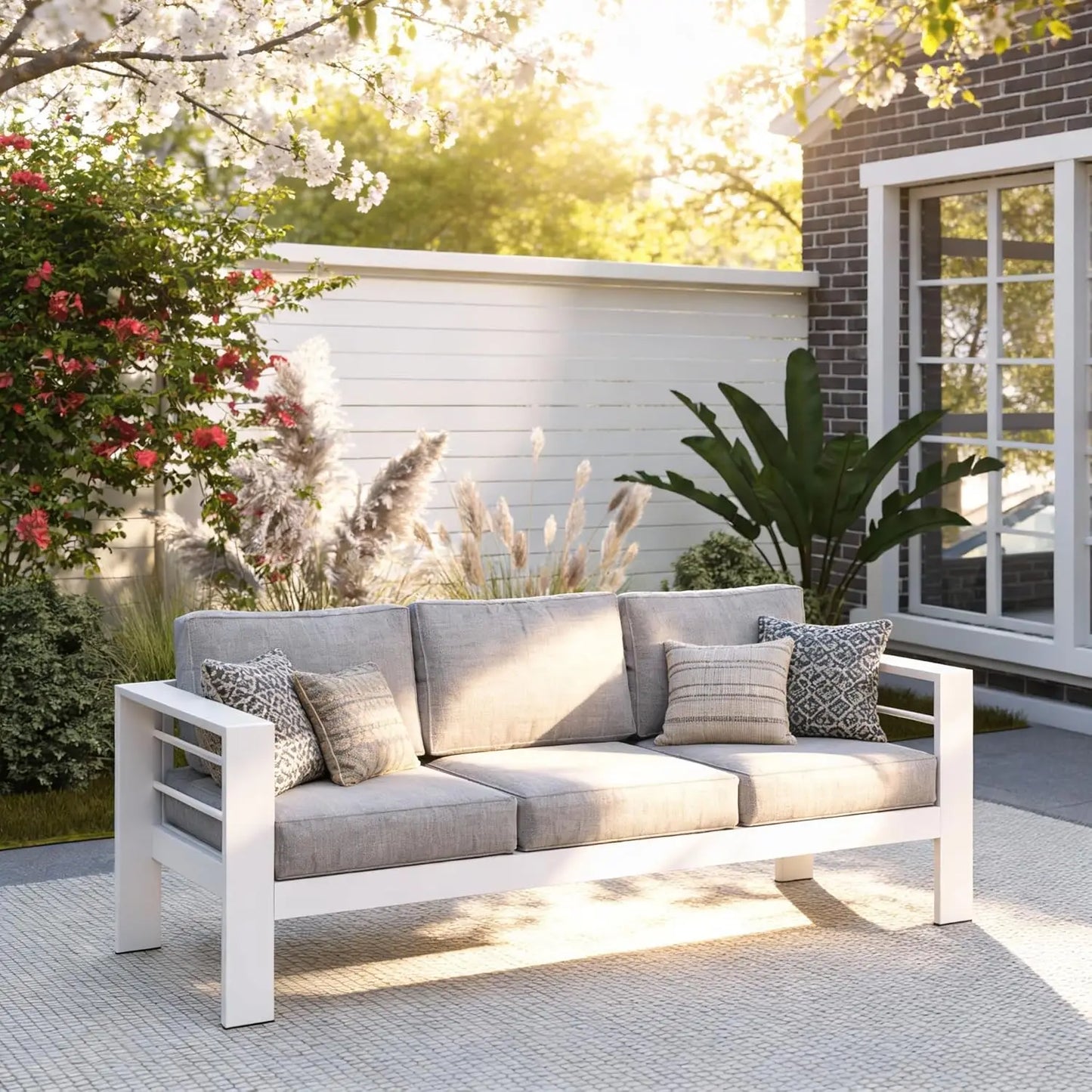 Outdoor Couch Aluminum Patio Furniture Sofa, 3 Seat All-Weather Metal Patio Couch With 5" Thick And Soft Cushion, Customized
