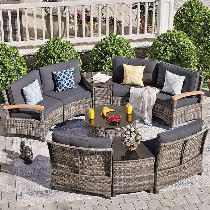 PatioLix 9 Piece Outdoor Patio Furniture Set, Half-Moon Curved Sectional Sofa Rattan Conversation Set with Wood Armrests, Coffee Table