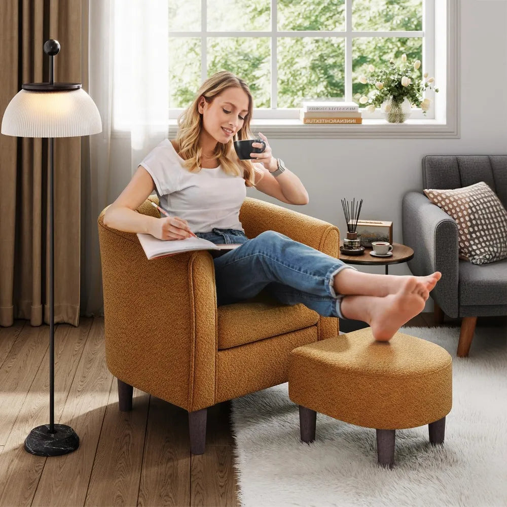 accent chair with ottoman, chenille barrel chair with footstool, modern upholstered armchair for living room bedroom waiting ro