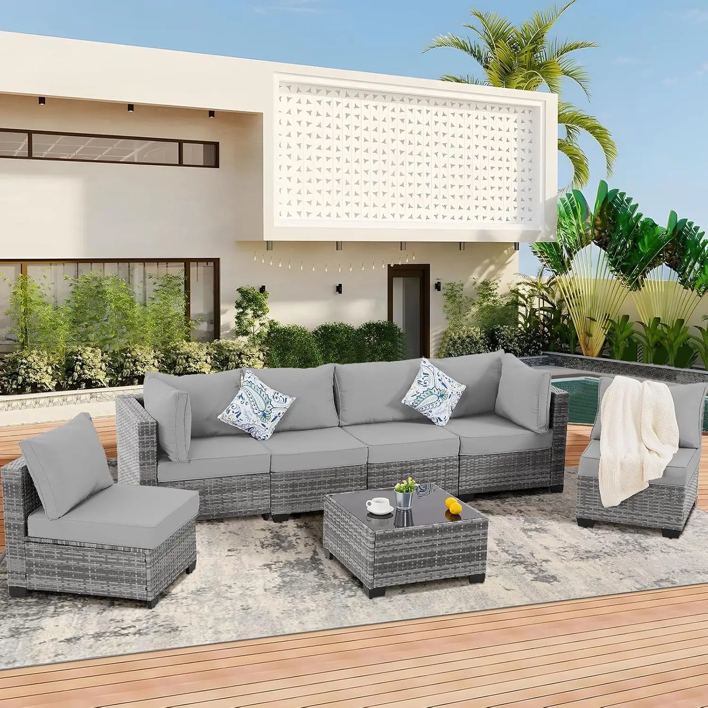 7 Pieces Outdoor Patio Furniture Set, Sectional Sofa Set Rattan Patio Conversation Sets with Couch Set &Table for Outside Garden