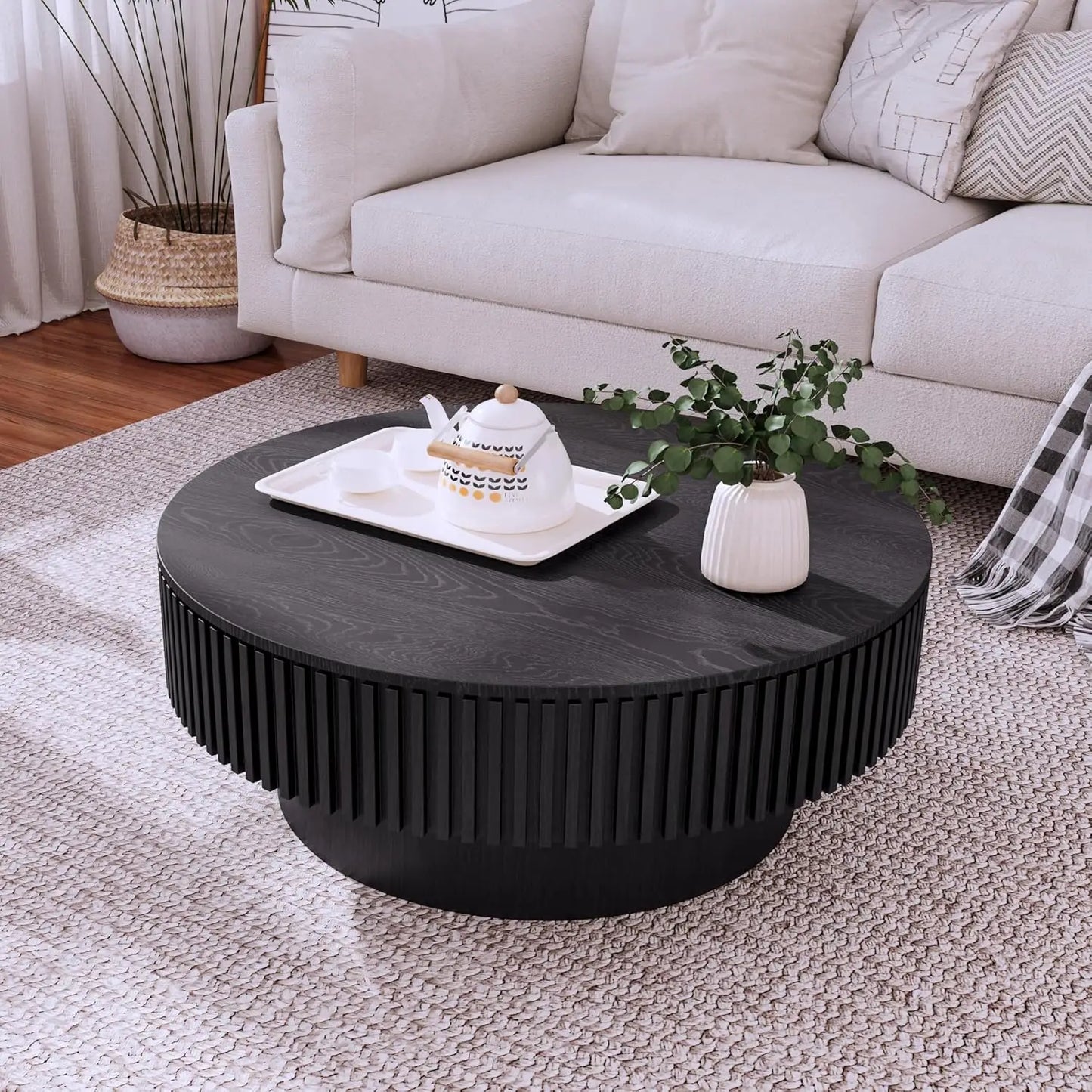 Round Wood Coffee Table for Living Room Modern Rustic Fluted Solid Wood Coffee Table Pedestal Center Table Circle Tea Tables