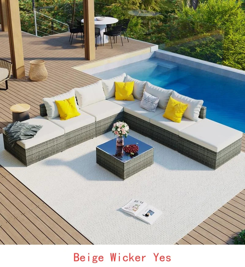 8-Piece Outdoor Patio Furniture Set, Garden Conversation Wicker Sofa, Combinable Single Sofas with Beige Cushions and Gray