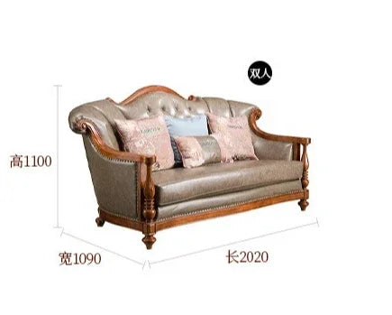 QQ132 American Style Genuine Leather Art Solid Wood Sofa Country Light Luxury Retro European Style Combination Carved Solid Woo