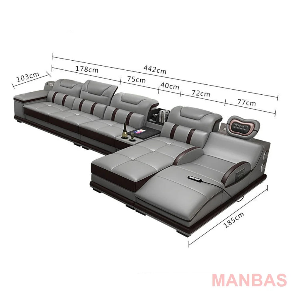 Italian Sofa with Bluetooth, Speaker, Functional Headrest, Massage Chaise | Big Corner Couch