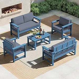 5 Pieces HDPE Outdoor Sofa Set with Cushions, All Weather Use Patio Conversation Couch Loveseat Furniture with Coffee Table for