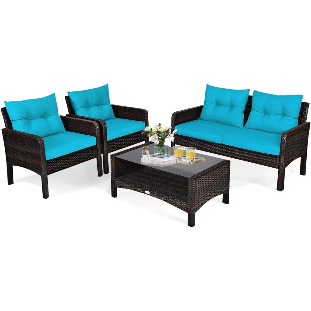 4-Piece Outdoor Wicker Patio Furniture Set with Coffee Table, Cushioned Sectional Sofa, Ideal for Garden and Poolside