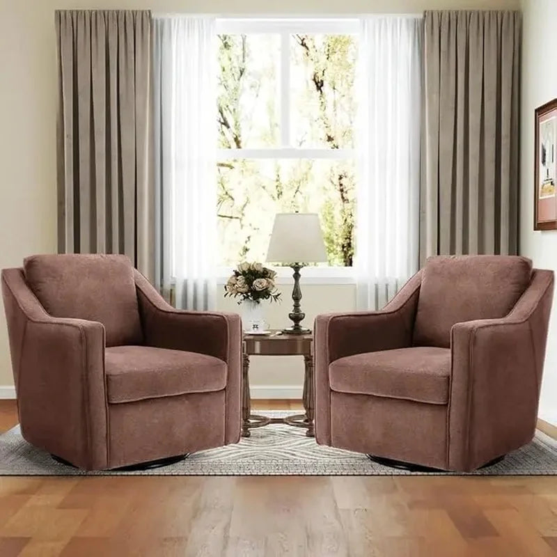 Set of 2 Upholstered Swivel Accent Chairs with Track Arms, Thick Padding, Solid Metal Base, Mid-Century Modern Design