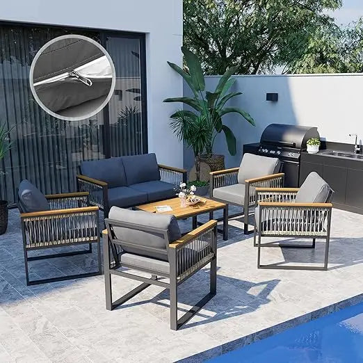6 Pieces Outdoor Patio Furniture Set with Wicker Handrails, Plastic-Wood Balcony Furniture with Wicker Arm Panel, All-Weather M