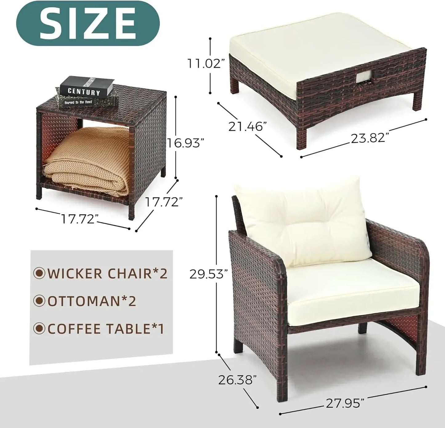 PE Wicker Outdoor Patio Chairs Set 5 Pieces Patio Furniture Set, Rattan Balcony Furniture with Ottomans