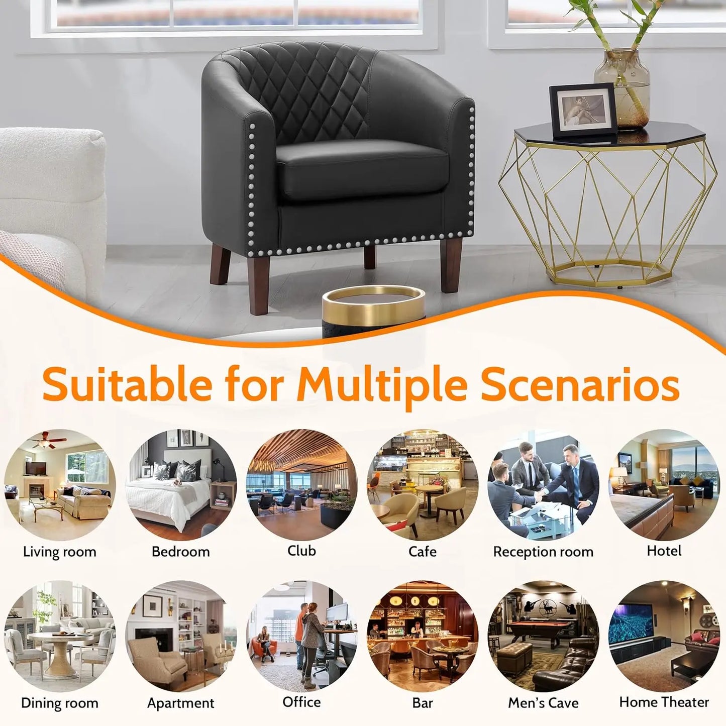 Barrel Chair Set Of 2, Comfy Accent Chair, Faux Leather Living Room Chairs Club Chair With Cushion, Nailhead Trim And Diamond