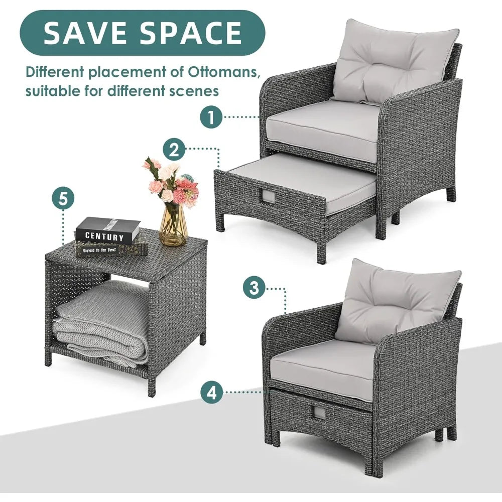 5 Pieces Outdoor Patio Wicker Chairs Set with Ottoman Outside Conversation Furniture Set with Cushions and Coffee for Ba