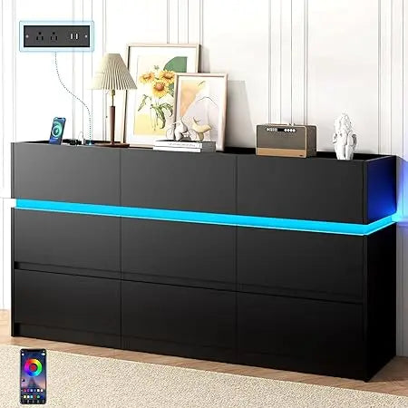 Black Dresser 9 Drawers - 61.4 Wide Chest of Drawer Organizer with Charging Station and LED Lights, Modern TV Stand Drawer Cabin