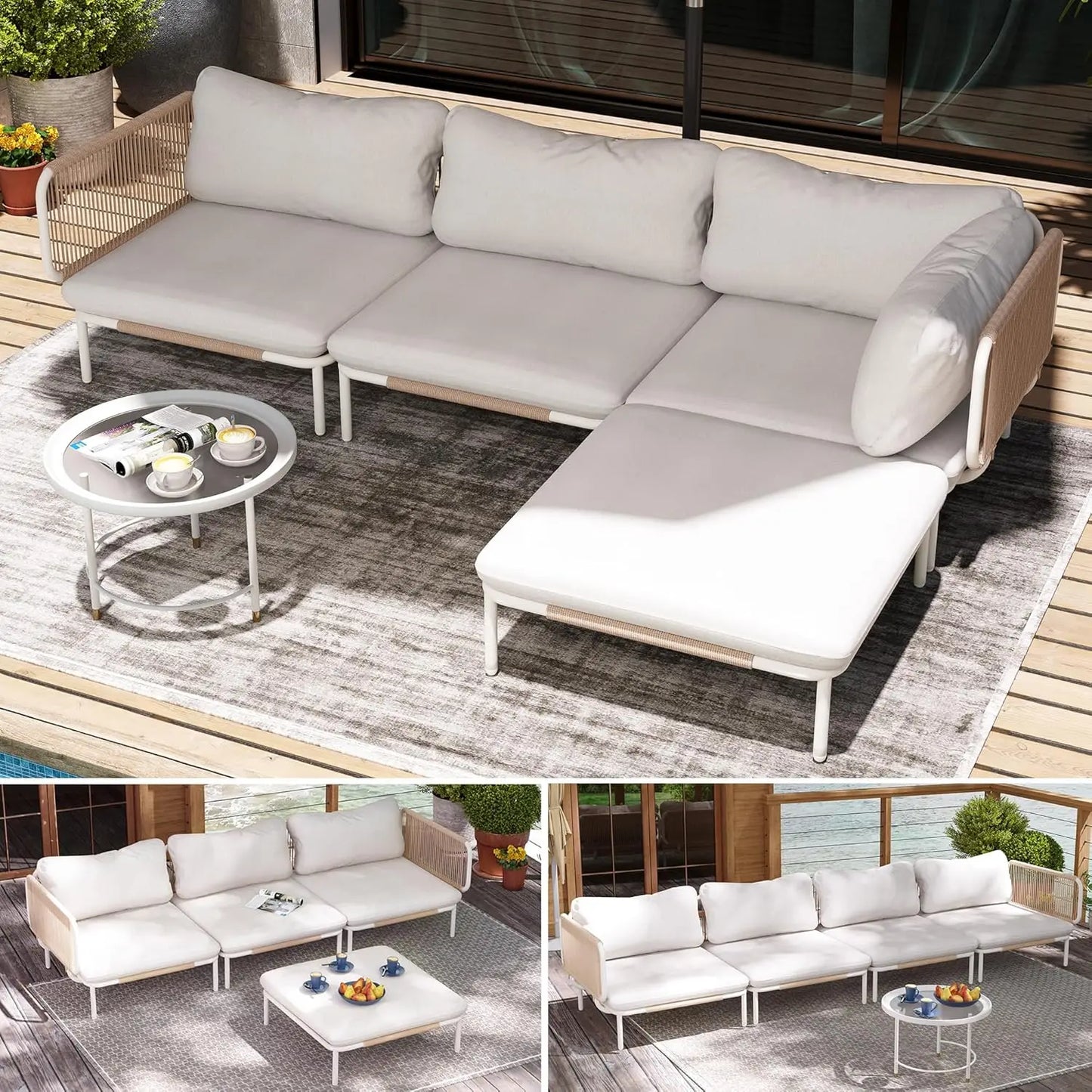 4 Piece Modern Outdoor Sectional Sofa, 31" Oversized Patio Furniture Set with Olefin Woven Rope, Weather-Resistant, Customized