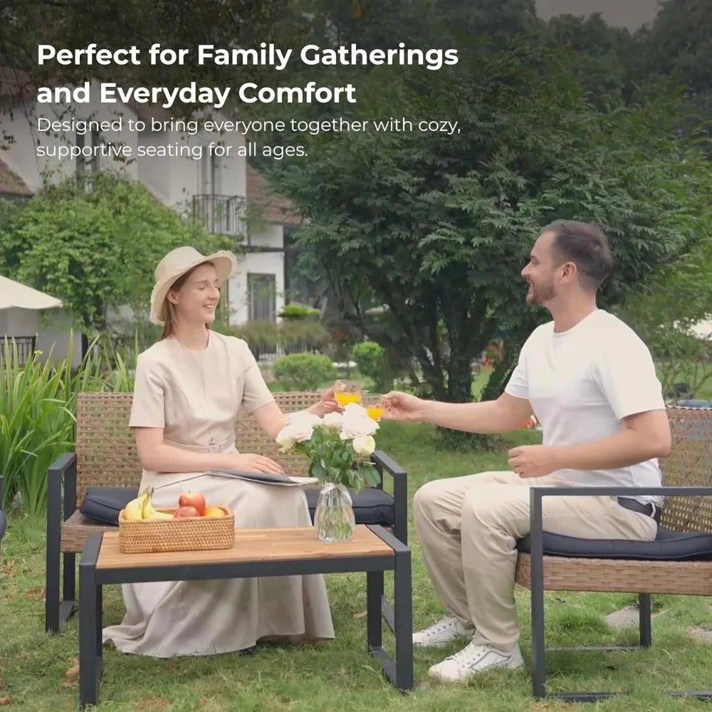 4 Pcs Patio Furniture Set, Outdoor Acacia Wood Table with 3 Chairs, All-Weather Garden Balcony Backyard Lawn Conversation Set