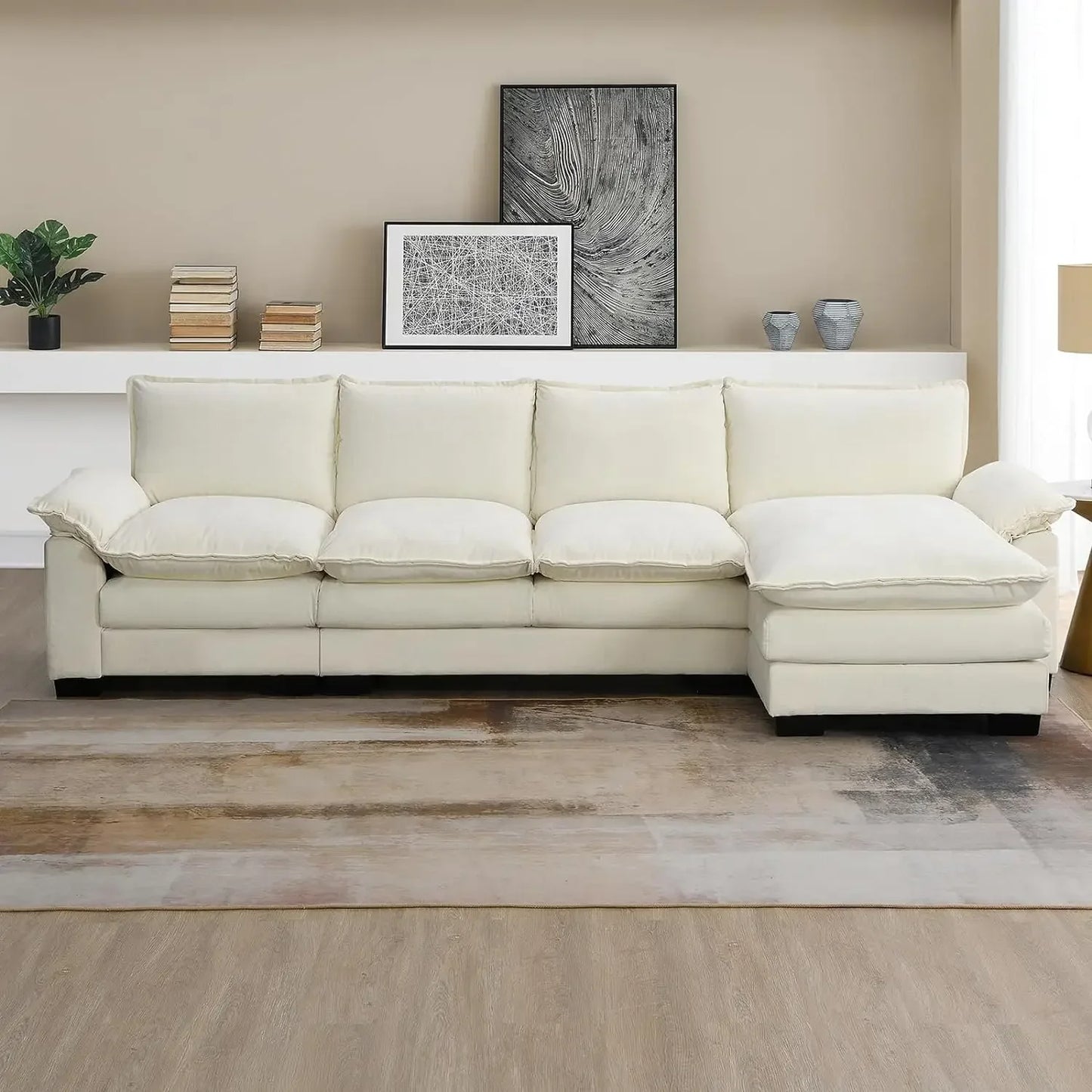 SAT Convertible Sectional Sofa, Modern Chenille Fabric L Shaped Living Room Furniture Set, 5 Seat Sofa with Chaise & Deep Seat