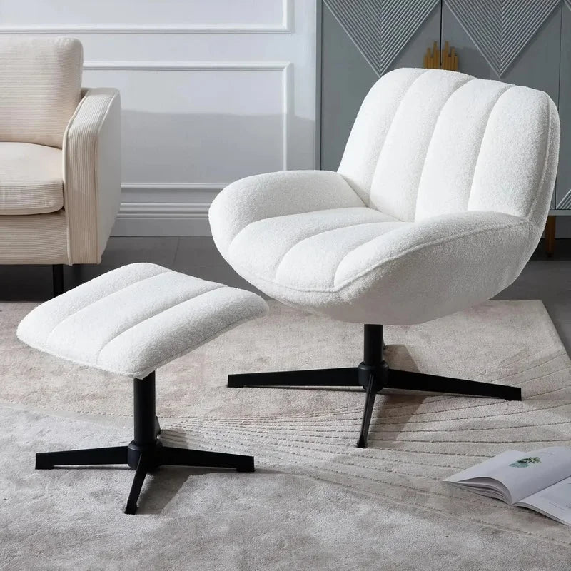 Modern Faux Fur Accent Chair with Ottoman, Lounge Armchair with Footrest and Sturdy Base for Living Room
