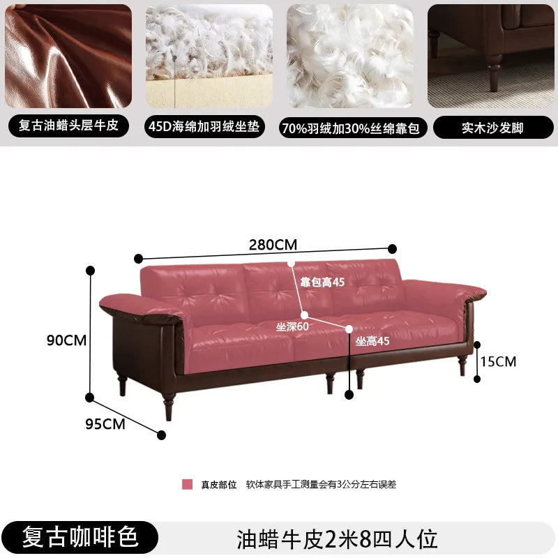 Customizable American sofa Italian retro oil wax leather straight row steel frame down medium ancient Nanyang style first layer