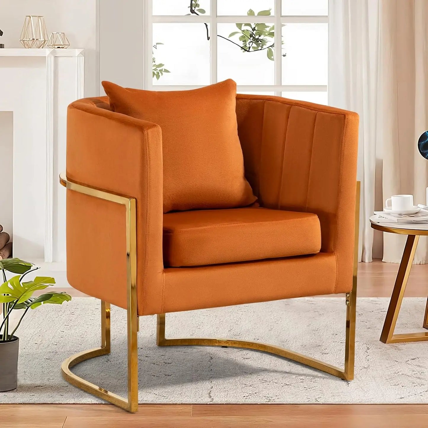Velvet Modern Accent Chair, Upholstered Barrel Armchair Mid Century with Pillow for Living Room, Comfy Single, Customized