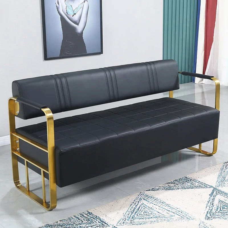 Professional Barber Shop Durable Gold Plated Leather Modern Salon Commercial Mall Waiting Sofa Bench Comfortable Lobby Chair