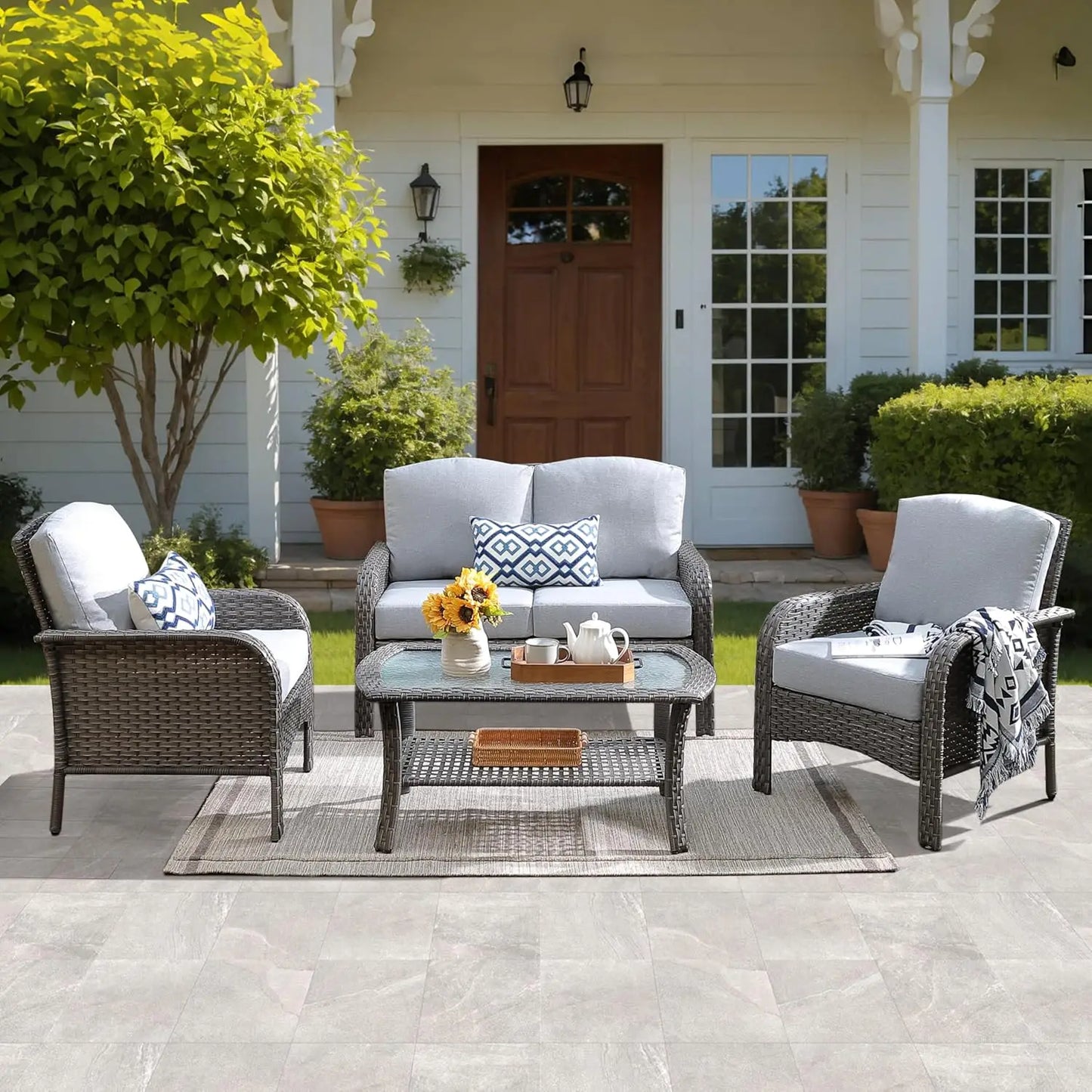 4-Piece Patio Furniture Set, Outdoor Wicker Sofa with Chairs Coffee Table, High Back Rattan Couch Loveseat with, Customized