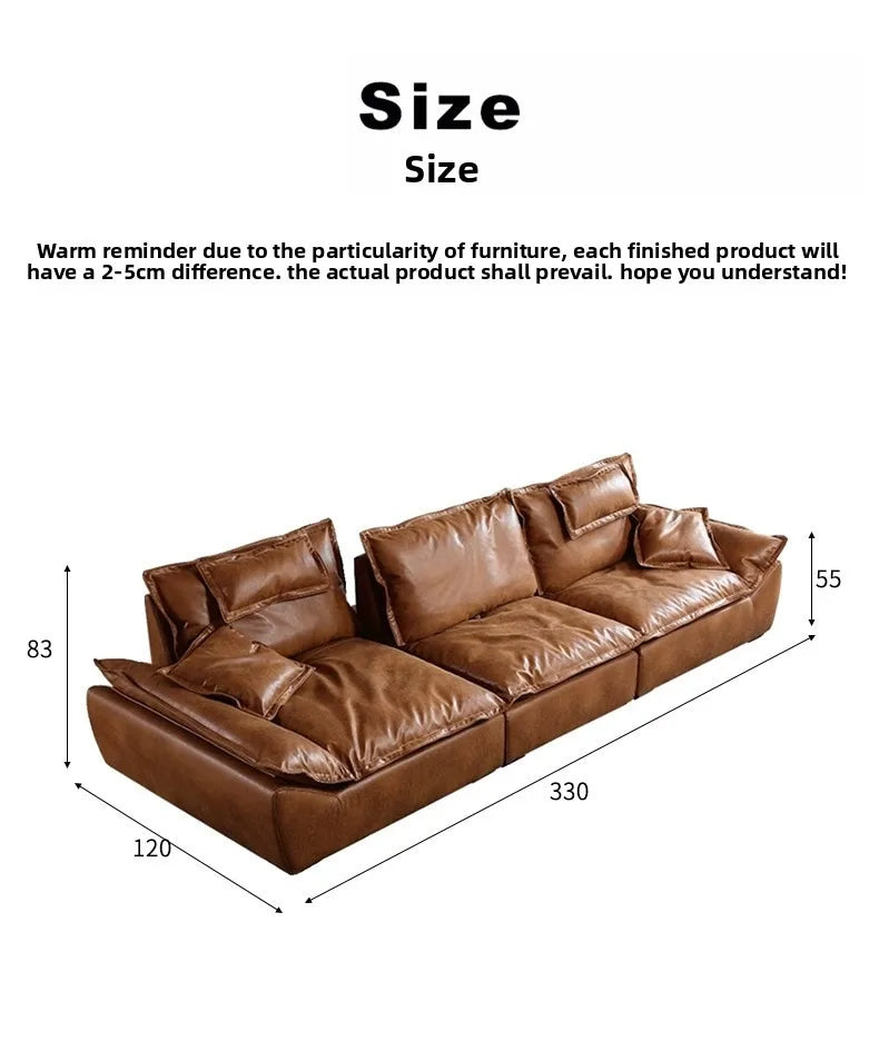 Sailing sofa retro oil wax leather super wide sitting depth adjustable backrest antique living room straight row sofa