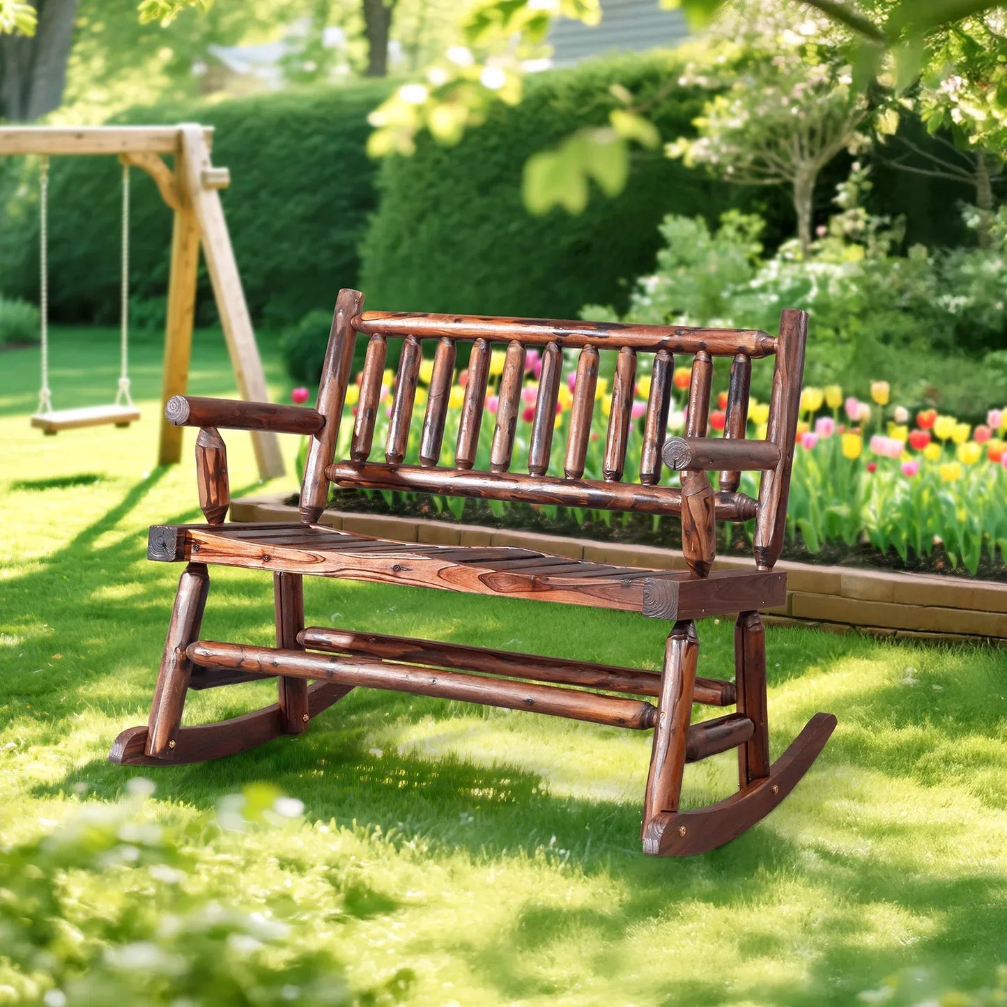 33.5in Wooden Rocking Chair Country Style Log Built 2 Person for In/Outdoor
