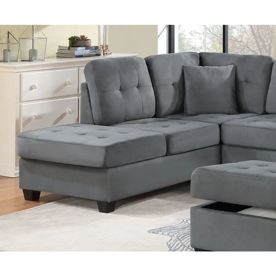 Dark Gray Plush Microfiber Living Room Furniture 3PCS Reversible Sectional Sofa Set Sofa w Cup Holder Reversible Chaise And Sto