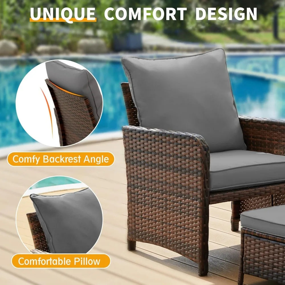 5-Piece Wicker Patio Furniture Set with Ottoman for Small Space Balcony Chairs and Footrest