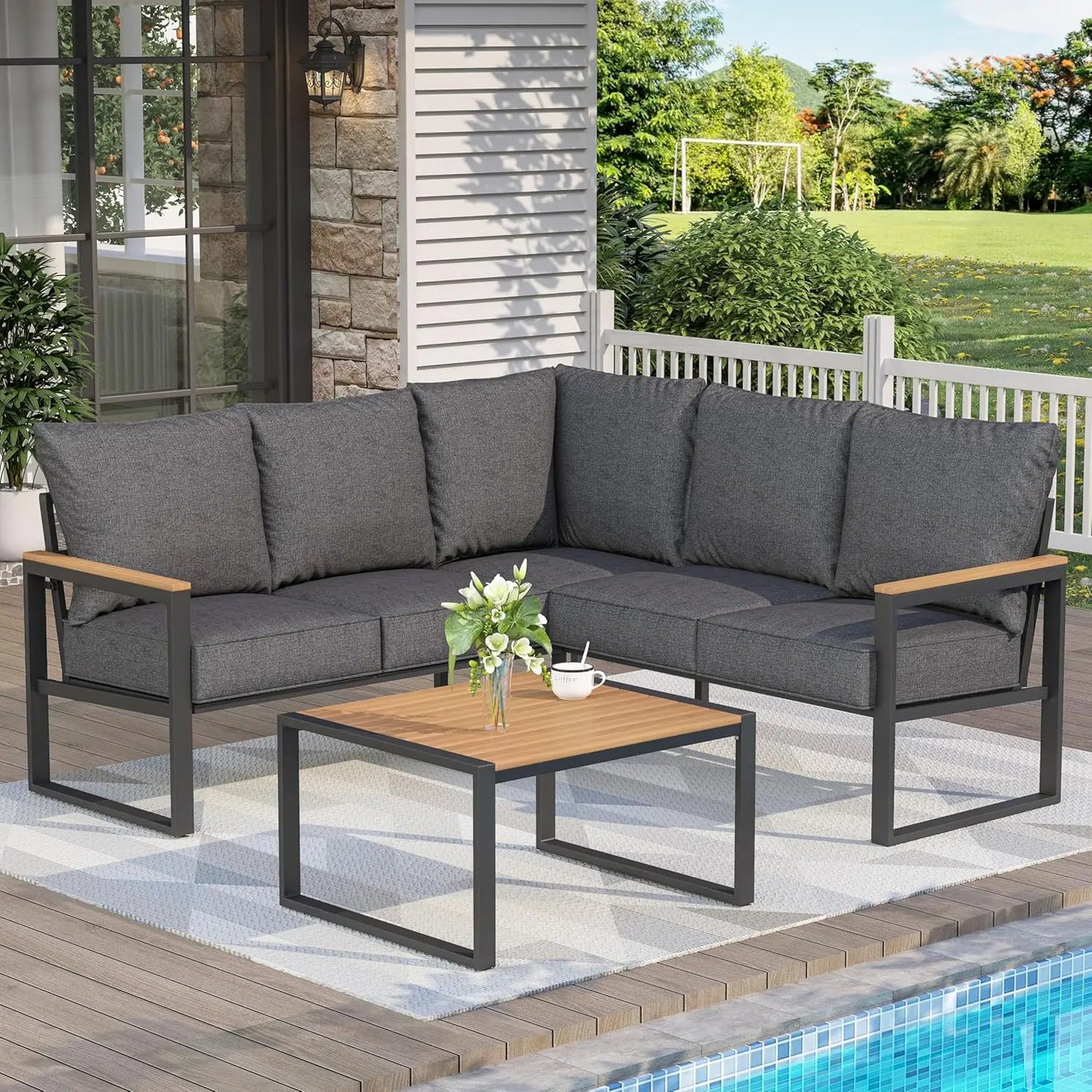 6 Pieces Outdoor Sectional Sofa Set Metal Patio Furniture Set, with Side Table, L Shape Patio Conversation Set with Faux-Wood