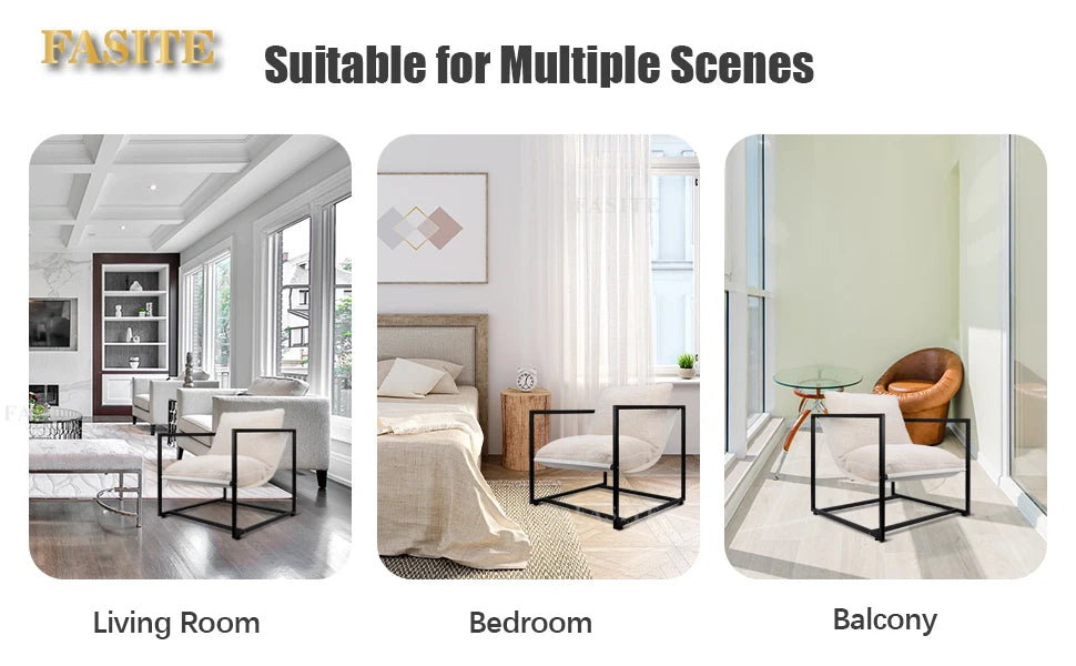 Modern Accent Chairs, Living Room Chairs with Metal Frame and Upholstered, Arm Chair with White Boucle for Bedroom