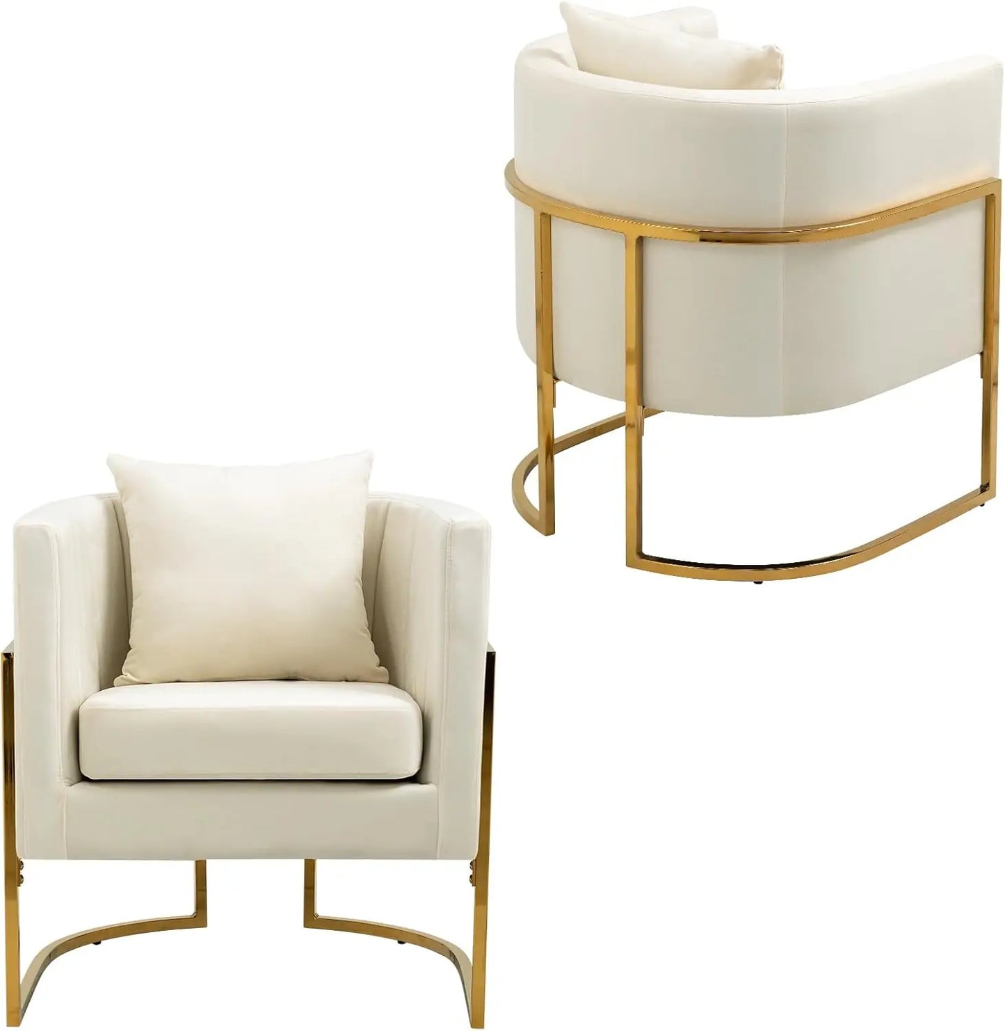 Modern Velvet Accent Chair with Gold Metal Legs, Upholstered Barrel Armchair for Living Room or Bedroom, White