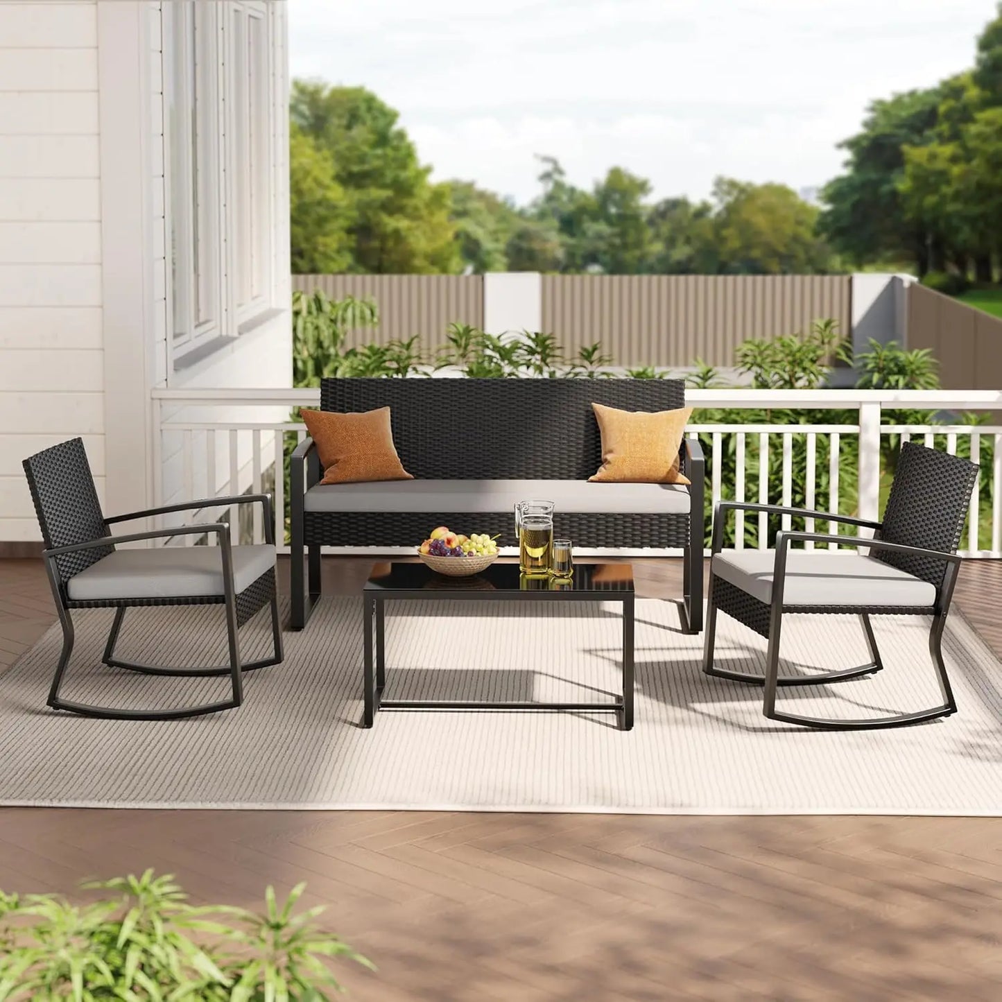 4 Piece Outdoor Patio Furniture Set, Wicker Patio Furniture with Glass Coffee Table, Rocking Wicker Bistro Set, for Backyard-HOT