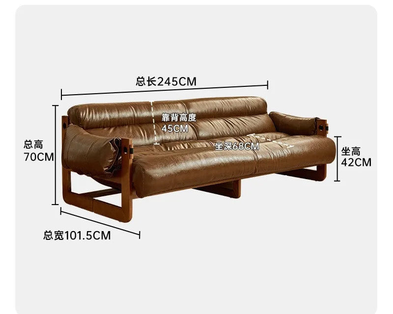 Retro single solid wood sofa chair living room designer casual leather lying down