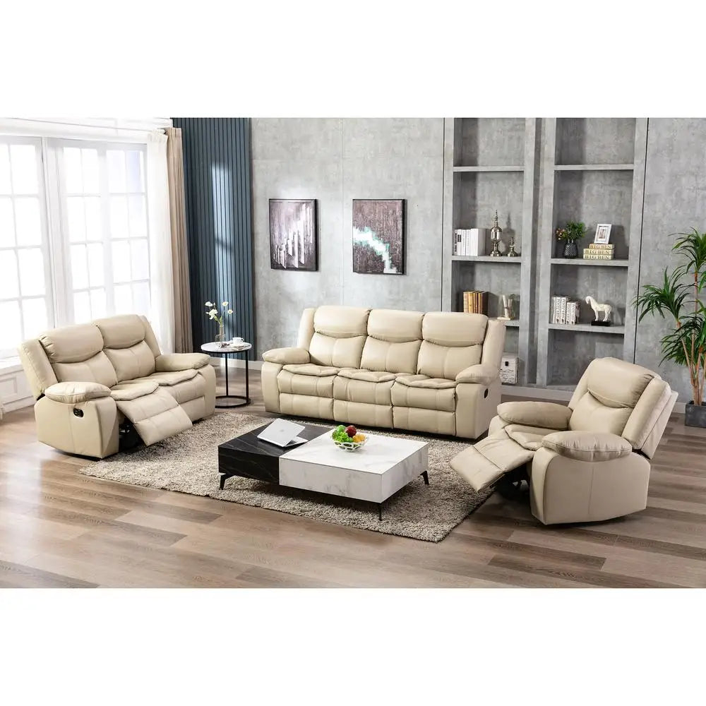 Cream Manual Recliner Loveseat Sofa Set 1+2+3 Seater Pillow Top Arms Pocket Spring Seating Leather Upholstery