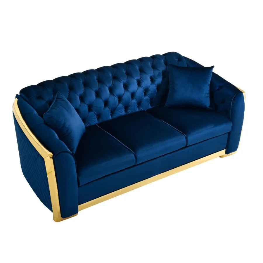 Velvet Luxury Chesterfield Sofa Set 84 Inches Tufted 3 Seat Couch with Gold Stainless for Living Room Navy Blue Fabric